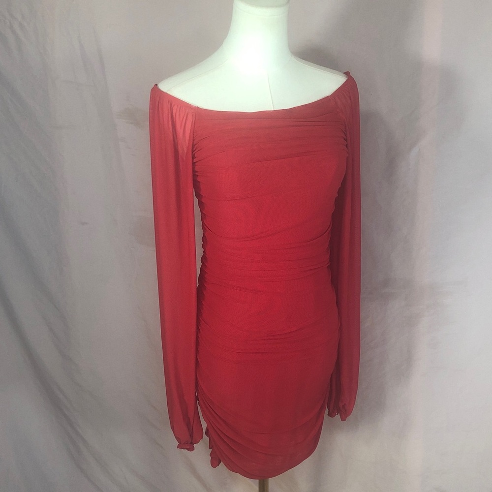 Tight Red Long-Sleeve Ruched Bodycon Dress Size Small